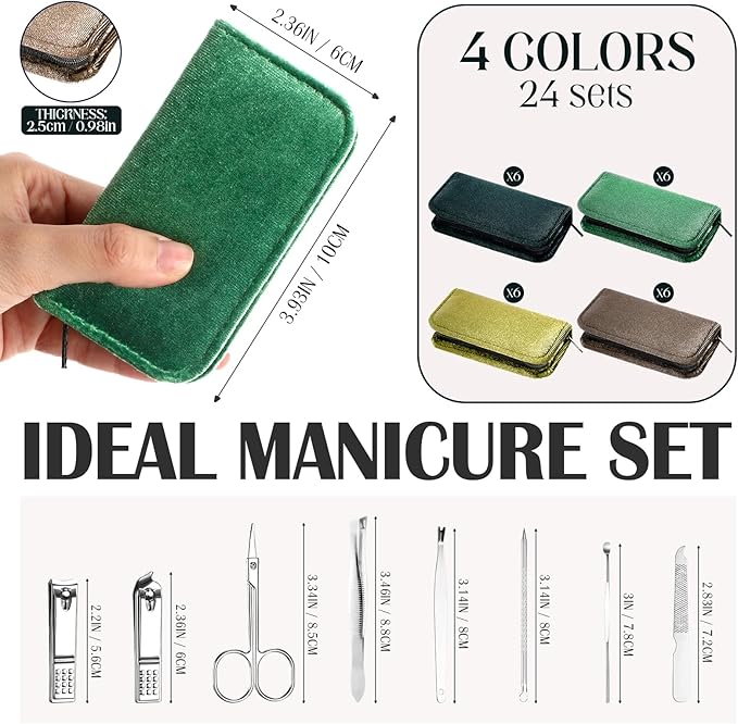 Coume 24 Sets Nail Kit Manicure Set Bulk with Zipper Professional Nail Clippers 8 in 1 Stainless Steel Nail Care Tools with Luxurious Travel Case Gifts for Men Women Friends Colleagues(Green Series)