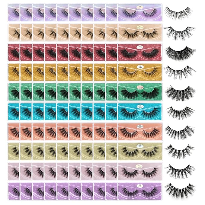 FARRED Wholesale False Lashes 100 Pairs 10 Styles Medium Length Vegan Eyelashes Fluffy Volume Strip Lashes Bulk 10 Portable Boxes Fake Eyelashes Mixed Natural Look 3D Faux Mink Lashes(mix 100pair)