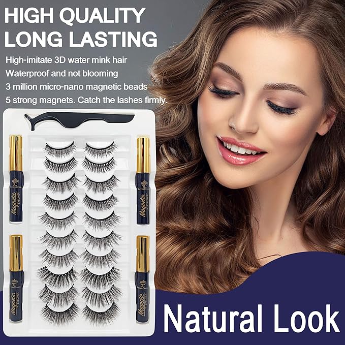 4 Tubes Magnetic Eyeliner and Lashes Kit, Upgraded 3D Magnetic Eyelashes with Eyeliner Kit with Applicator,Magnetic Lashes Natural Look, Easy Eyelash to Apply,Magnet Eyelashes 10 Pairs.