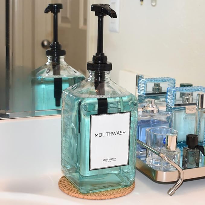 eBun 37oz Glass Mouthwash Dispenser for Bathroom, Mouthwash Dispenser Pump, Mouth Wash Container with Reusable Cup, Mouth Wash Bottle, Countertop Kitchen Sink Dish Liquid Soap Holder Set (Black)