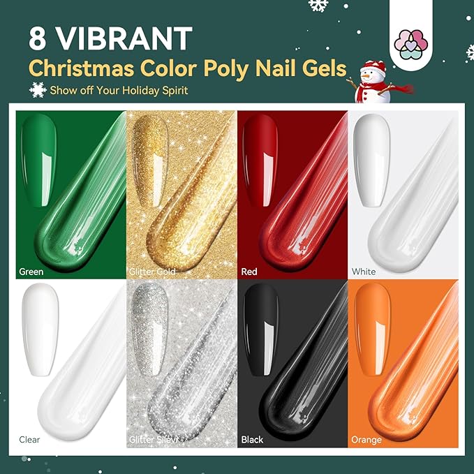 Saviland Christmas Poly Nail Gel Kit with U V Light: 8 Colors Poly Nail Gel Nail Kit Extension Slip Solution Nail Brush UV Nail Lamp Basic Tools Nail Art for Beginners Home DIY Christmas Gift