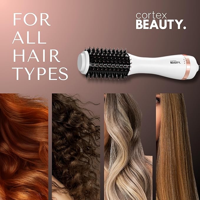 Cortex Beauty Infrared Volumizing Blowout Brush - Blow Dryer, Round Styling Tool for All Hair Types, 2" Barrel with Comb (White Rose Gold)