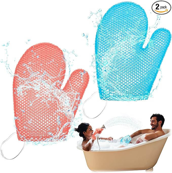 Karenhi 2 Pcs Honeycomb Exfoliating Glove Bath Mitt Body Spa Scrubber, Honeycomb Exfoliator Glove for Body Shower, Scrubber Sponge Shower Loofah, Quick Drying(Blue,Pink)