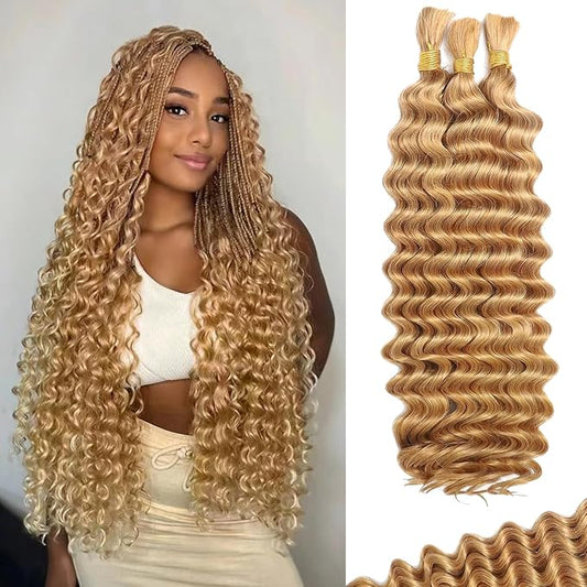 Human Braiding Hair For Boho Braids Deep Water Wave Human Bulk Hair for Braiding 12A Brazilian Virgin Human Hair Extensions for Boho Braids 3 Bundles/Pack 110g Honey Blonde 24inch