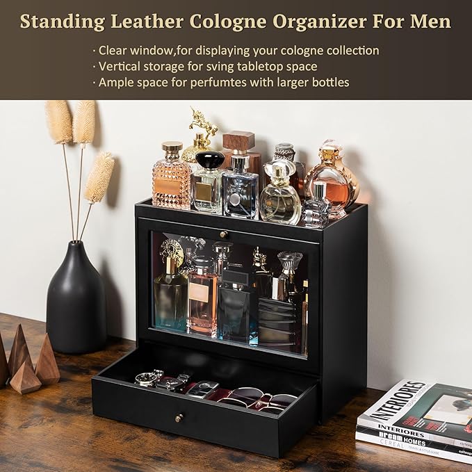 Cologne Organizer, Leather Perfumes Organizer for Dresser, Large Capacity Dustproof Cologne Holder with Drawer Storage Perfume Stand Organizer, Ideal Gift for Loved ones