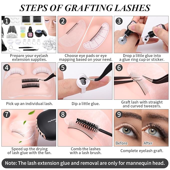 Eyelash Kit for Lash Extension, Lash Tech Supplies with Mannequin Practice Head, Lash Cluster, Lash Extension Glue, Eyelash Remover, Fan, Tweezers, Lash Training Tools Set for Beginners at Home