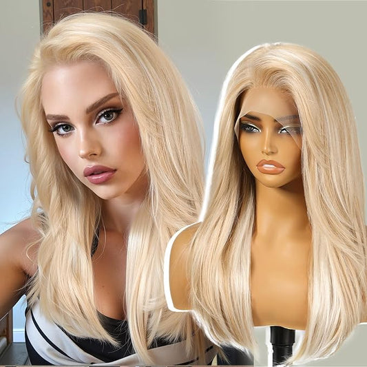 Blonde Synthetic Lace Front Wig,13X6 Long Straight Layered Glueless Wigs for Women Daily Use 22IN
