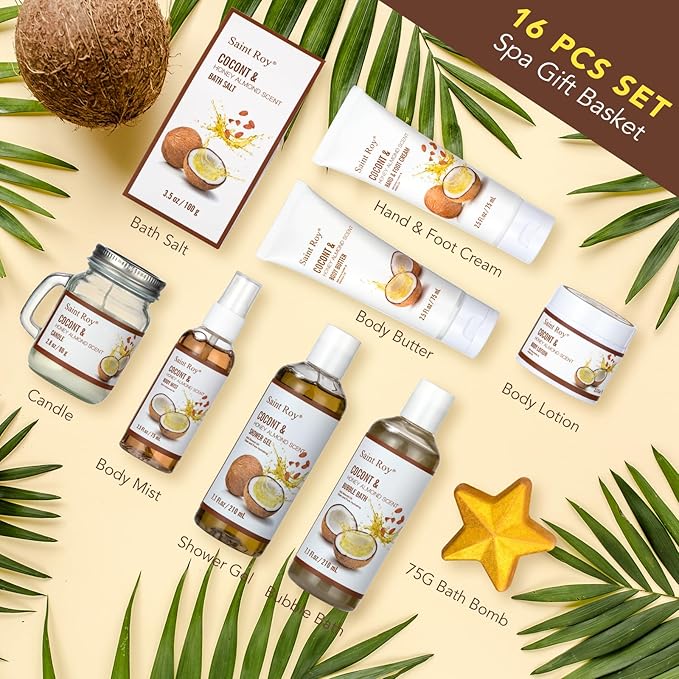 Beauty & Personal Care Set, Perfumes Bath Spa Gift Baskets 26 pcs for Women & Men Bath and Body Shower Bath Kit, Coconut & Honey Almond Pampering Large Luxury Home Spa Kit, Mother's Day Gifts for Mom