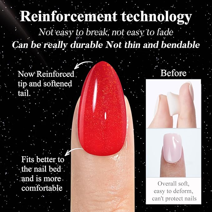 Christmas Fiery Red Press on Nails Set, 160Pcs Short Almond Fake Nails with Fine Glitter Glossy Acrylic False Nails Reusable Full Cover Stick on Nails for Women, 32 Sizes Thicker