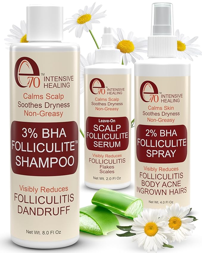 Folliculite 3-Piece Set - Folliculite Shampoo, Dry Scalp Serum & Body Spray with Salicylic Acid, Tea Tree Oil & Peppermint Oil - Soothes Itchy Scalp, Razor Bumps & Blemishes by e70