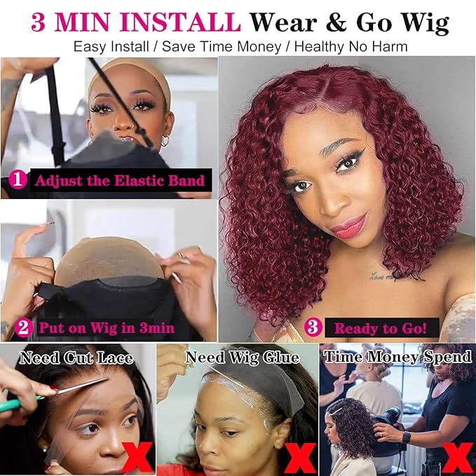 5×5 Closure Bob Wig Human Hair Glueless Wigs Human Hair Pre Plucked Pre Cut Short Curly Human Hair Wig Water Wave Middle Part 99j Red Wigs for Women Lace Frontal Wigs for Black Women 14Inch