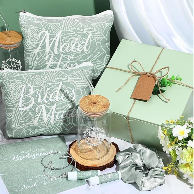54 Pcs Bridesmaid Proposal Gifts Bridesmaid Box Set Include Bridal Shower Gift Box Makeup Bag Invited Card Glass Cup Lip Balm Scrunchie Hair Knotted Bracelet for Maid of Honor(Green)