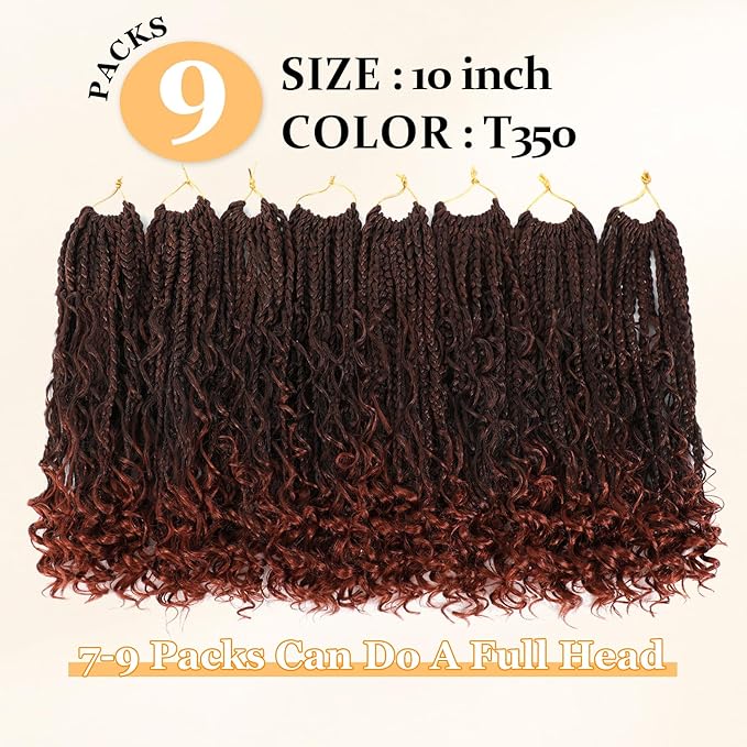 9 Packs Goddess Box Braids Crochet Hair Boho Crochet Box Braids With Curly Ends Crochet Hair For Black Women, 10 Inch Pre Looped Bohemian Crochet Box Braids Hair (10Inch 9 Packs,T350#)