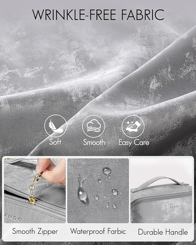 Vlando Travel Makeup Bag Portable Travel Toiletry Bag for Women PU Leather Open Flat Make up Organizer for Toiletries,Christmas Birthday Gifts for Wife Mom Girls(Silver)