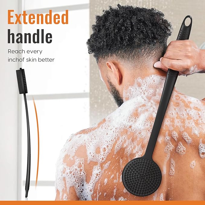 VWMYQ Silicone Back Scrubber for Shower, Silicone Face Scrubber for Men,17in Lengthen Long Handle Body Brush, Double Sided Shower Brush for Shower Exfoliating and Massage, Back Scrubber for Men