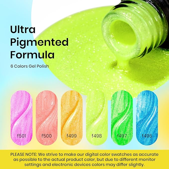 Beetles Glitter Neon Gel Nail Polish Set, 6 Colors Summer Sparkling Water Shimmer Blue Green Pink Orange Glitter Neon Gel Polish Soak Off Nail Art Design Salon Home Manicure Gift for Girls Women