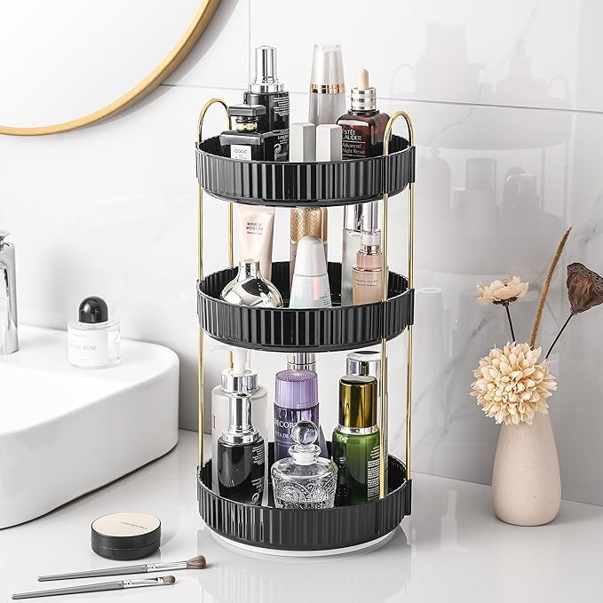 Aveniee 360 Rotating Makeup Organizer for Vanity, Large Spinning Bathroom Counter Organizer Shelf Holder for Cosmetics, Skin Care, Lipsticks (3 Tiers, Black)
