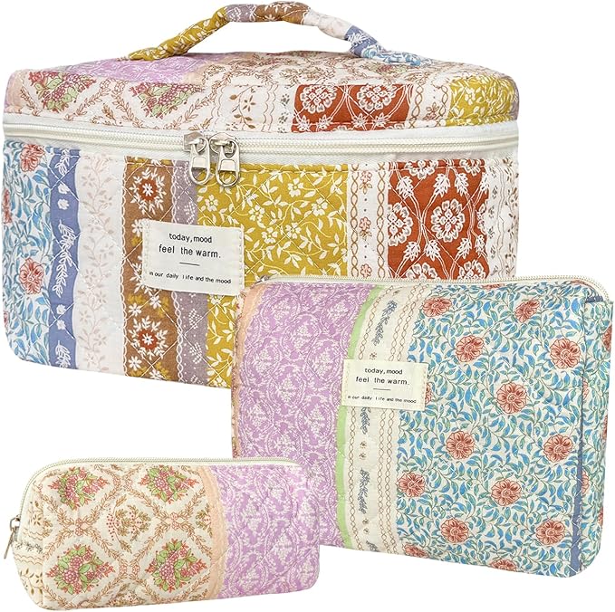 3Pcs Cotton Quilted Makeup Bag for Women Girls, Large Floral Cosmetic Bag Set Cute Makeup Brushes Aesthetic Accessories Storage Bag Travel Toiletry Bag Organizer for Women