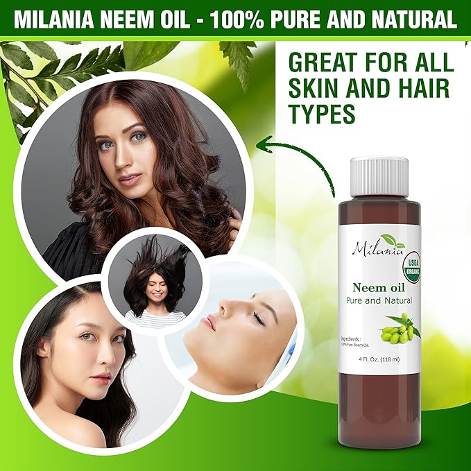 MILANIA Premium Organic Neem Oil Virgin, Cold Pressed, Unrefined 100% Pure Natural Grade A. Excellent Quality.(4 Fl. Oz.)