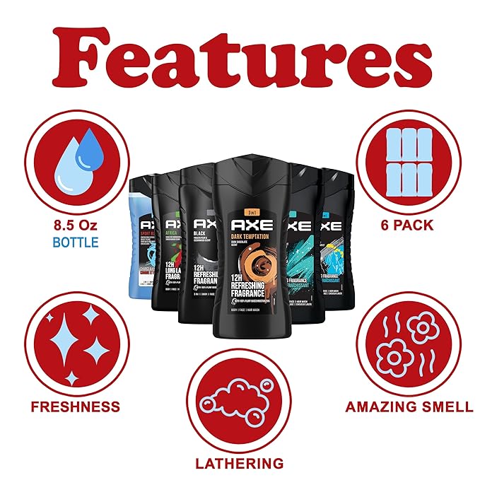AXE Men's Body Wash Variety Set, 6 Pack, Assorted Scents, 3-in-1 Body, Face and Hair Wash, 8.5 Oz. Each