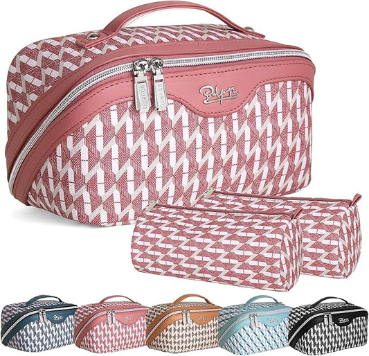 BOYATU Travel Makeup Bags for Women: Large Capacity Cosmetic Bag Set of 3 - Vegan Leather Make up Bags with Compartments - Wide Open Waterproof Toiletry Organizer Bag with Handle (E-03-Red)