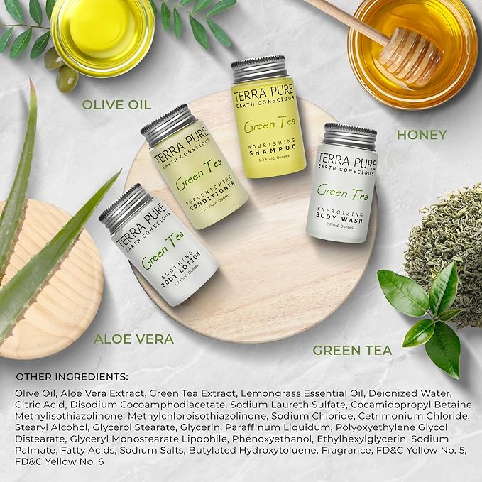 Terra Pure Green Tea Toiletries Set | 1-Shoppe Amenities Kit | 1oz Shampoo & Conditioner, Body Wash, Lotion | Travel Size | 80 Pieces