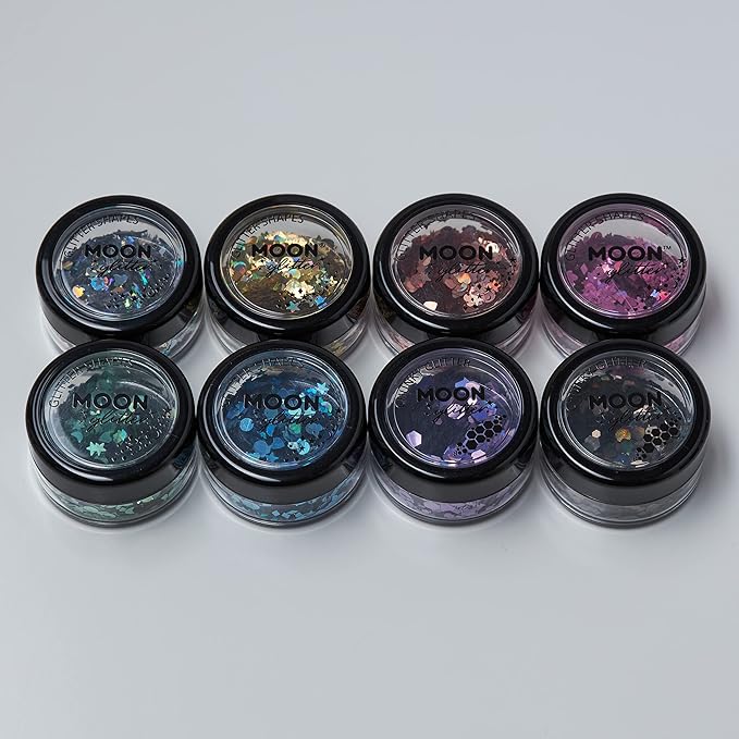 Holographic Glitter Shapes by Moon Glitter – 100% Cosmetic Glitter for Face, Body, Nails, Hair and Lips - 0.10oz - Set of 8 colours