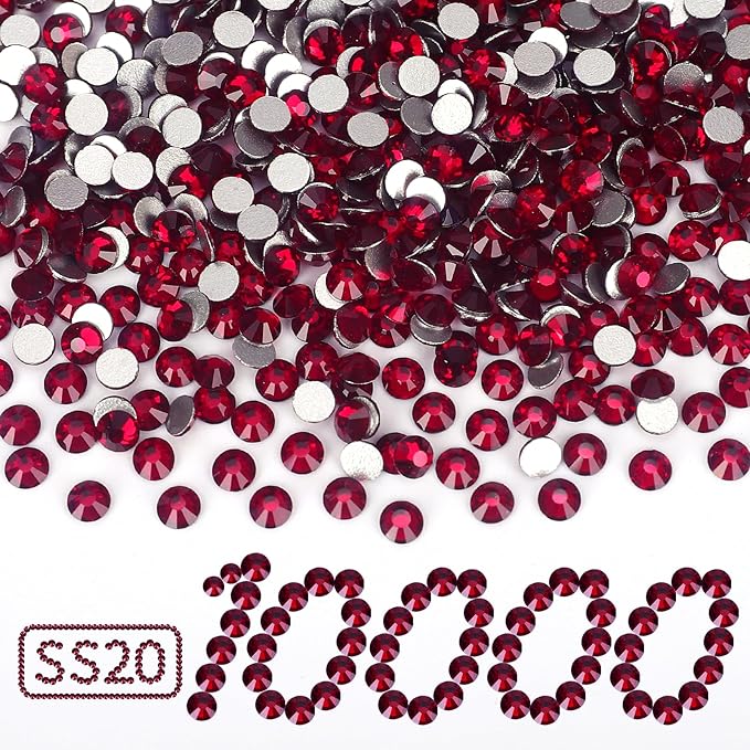 10000PCS Dark Red Rhinestones Bulk, Flat Back Crystal Glass Stone Round Gems,SS20, 4.6-4.8mm
