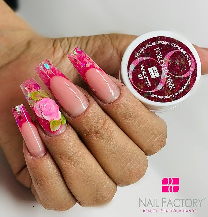 Nail Factory - Acrylic Powder Set Forever Pink Collection, 15 Pink Colors Mixed Shapes Set Glitter Nail Sequins Powder Holographic, Professional Nail Art Cosmetic, 3.5 Gr. Each One.