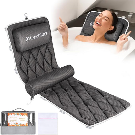 Full Body Bath Pillow Bathtub Pillows-Removable Lumbar Cushion with 17 Non-Slip Suction Cups 4D Air Mesh Fit Any Tub Luxury Bathroom Accessories-Grey