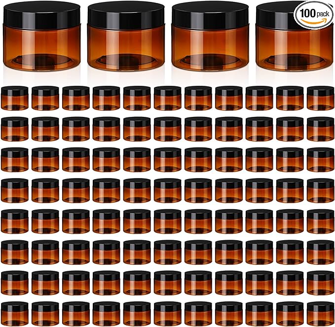Tanlade 100 Pcs 4 oz Amber Plastic Cosmetic Jars with Lids Empty Leak Proof Container Round Airtight Refillable Cosmetic Jars for Cream, Lotion, Powder, Ointment, Beauty Products Travel Storage