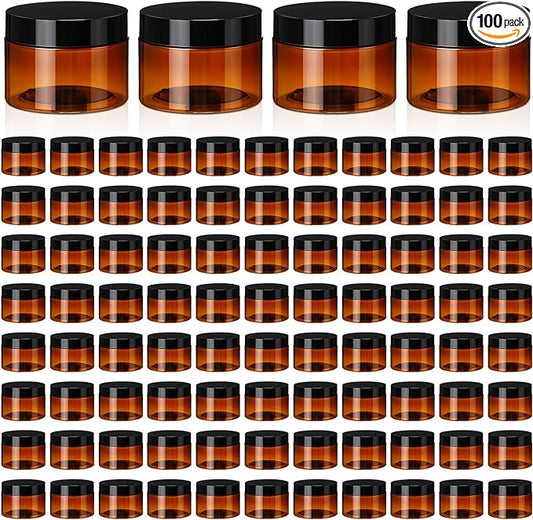 Tanlade 100 Pcs 4 oz Amber Plastic Cosmetic Jars with Lids Empty Leak Proof Container Round Airtight Refillable Cosmetic Jars for Cream, Lotion, Powder, Ointment, Beauty Products Travel Storage