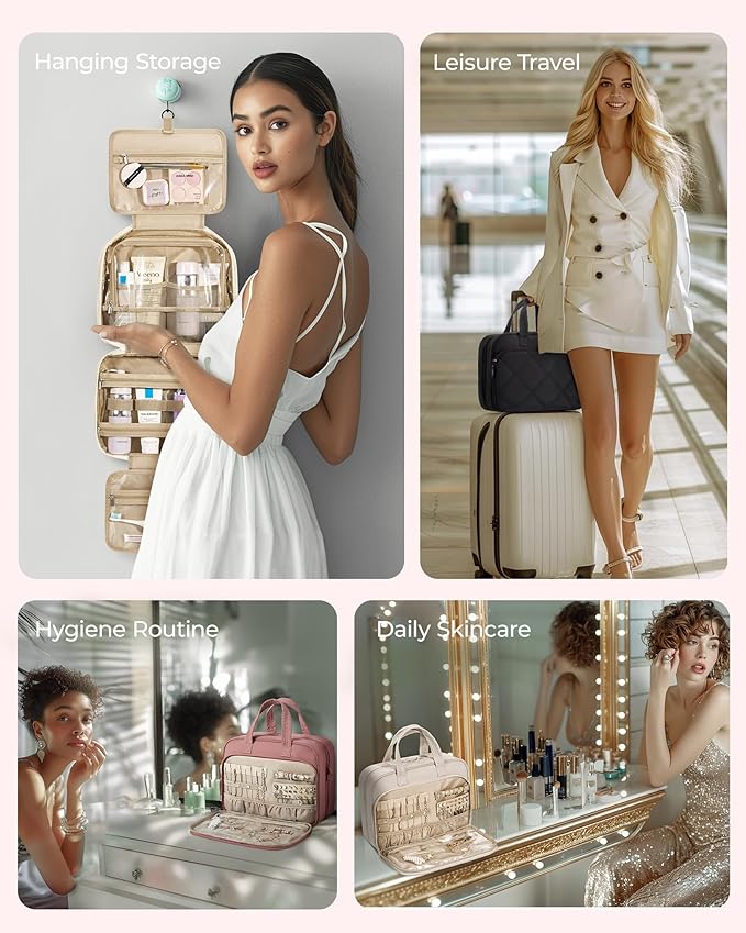 BAGSMART HangingToiletry Bag for Women, Puffy Travel Toiletry Bag with Jewelry Organizer, Waterproof Cosmetic Makeup Bag Compartment, Toiletries Kit Set for Traveling, Accessories, Essentials (Large)