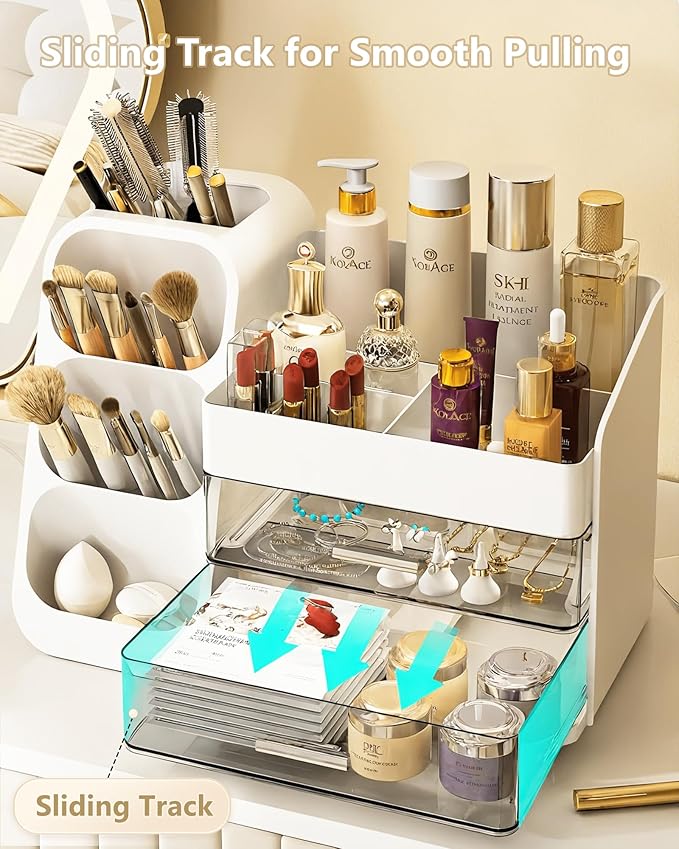 Makeup Organizer with Drawers, Skincare Organizer (Large Size Thick), Storage Box Cosmetic Display Cases, Make up Organizers for Vanity, Dresser, Desk, Kitchen, Countertop (White)