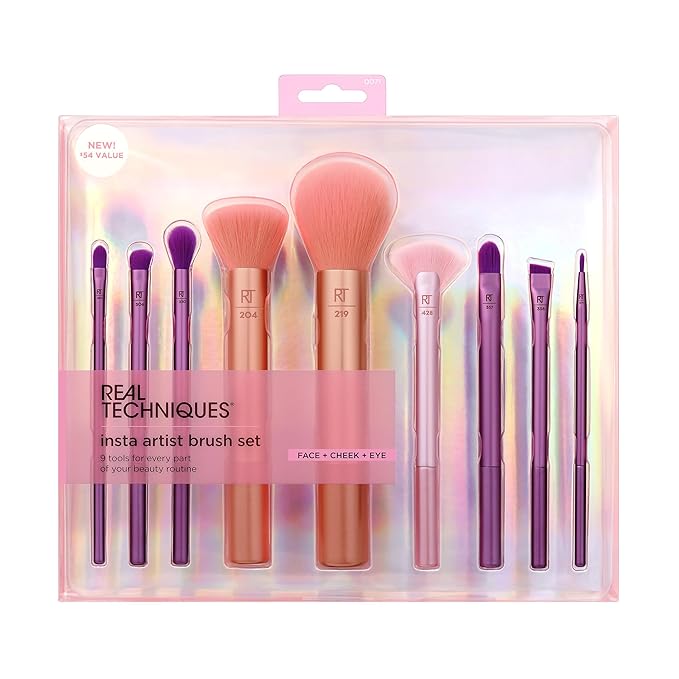 Real Techniques Insta Artist Brush Kit, Face, Cheek & Eye Brush Set, Makeup Brush Kit, For Foundation, Blush, Bronzer, Concealer, & Eyeshadow, Quality Makeup Tools, 9 Piece Gift Set