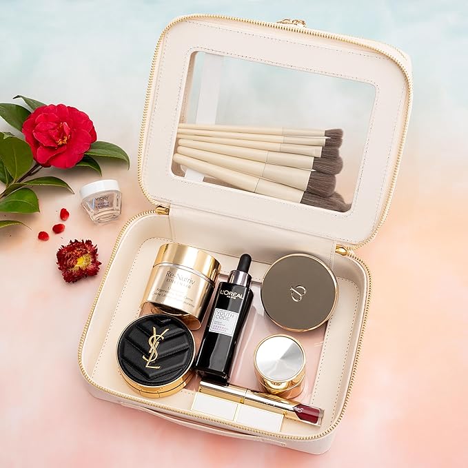 Aveniee Clear Makeup Bags, Double Layer Cosmetic Case with Separate Brush Compartment, Large Toiletry Organizer for Women, Travel Accessories Holder(2 Layers Large, White)