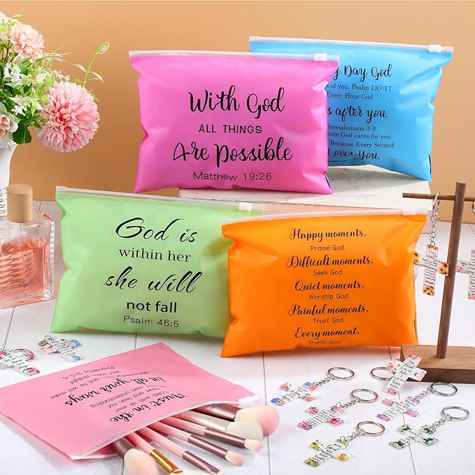 Kacctyen 50 Set Christian Makeup Bags with Keychain Christian Gifts Bulk Women Bible Verse Cosmetic Bags with Zipper Christian Cross Keychain Colorful Bags for Women Travel Organizer