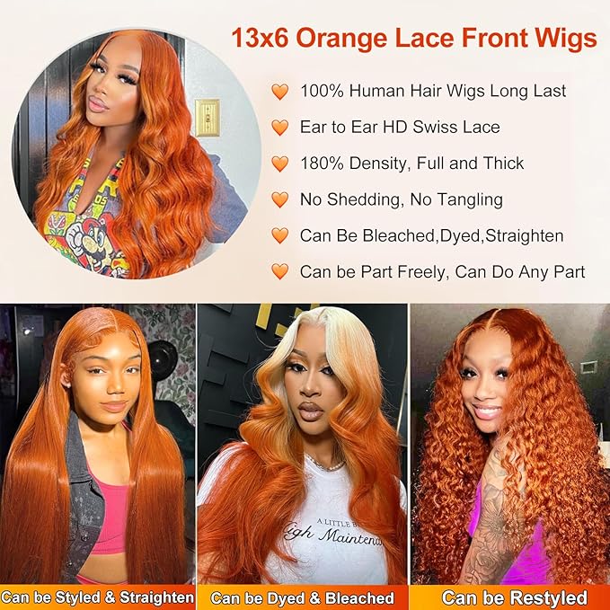 40 Inch Ginger Orange Lace Front Wigs Human Hair Body Wave 13x6 HD Lace Frontal Ginger Wig Human Hair 180 Density Transparent 350 Colored Human Hair Wigs for Women Pre Plucked With Baby hair