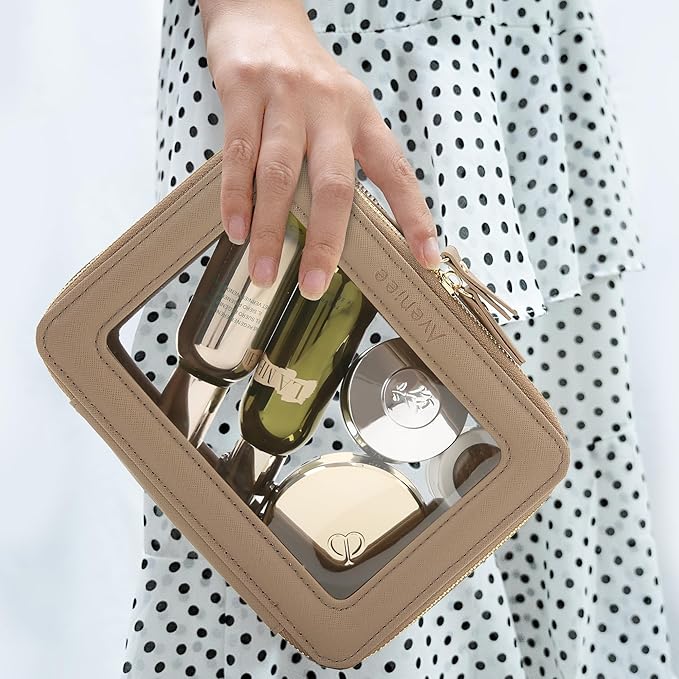Aveniee Clear Makeup Bag for Women, Heavy Duty Make up Bag Organizer with Clear Windows & Gold Zippers (Taupe)