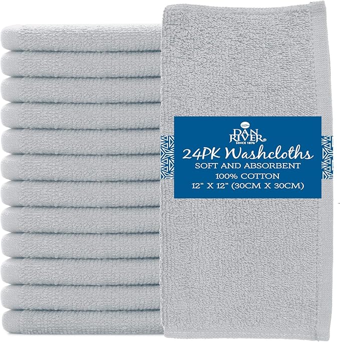 DAN RIVER 100% Cotton Washcloths 24 Pack Premium Quality Face and Body Cloth, Quick Dry Essential Towels for Bathroom, Hand, Kitchen & Cleaning, Baby Washcloths | 12X12 in | 400 GSM | Silver