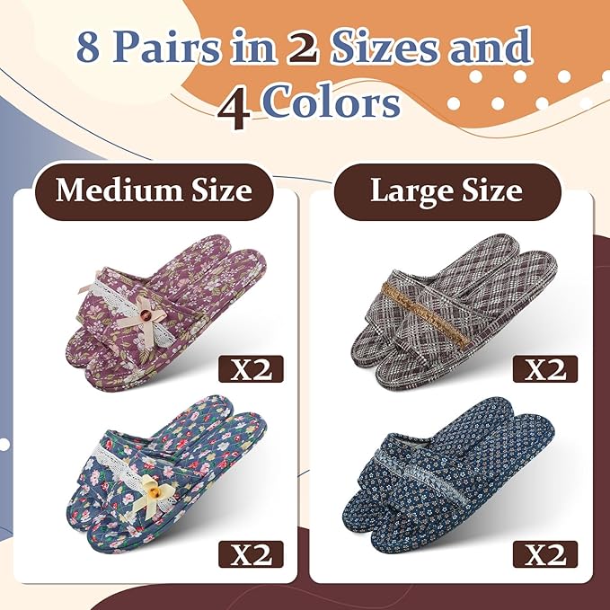 Mepase 8 Pairs Cotton House Indoor Slippers for Guests Washable Home Open Toe Slippers for Women Men