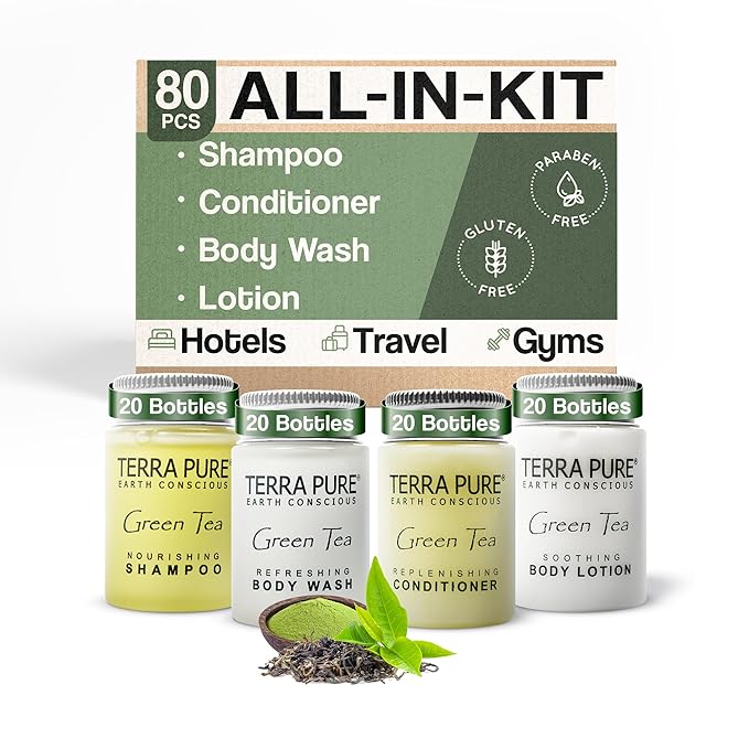 Terra Pure Green Tea Toiletries Set | 1-Shoppe Amenities Kit | 1oz Shampoo & Conditioner, Body Wash, Lotion | Travel Size | 80 Pieces