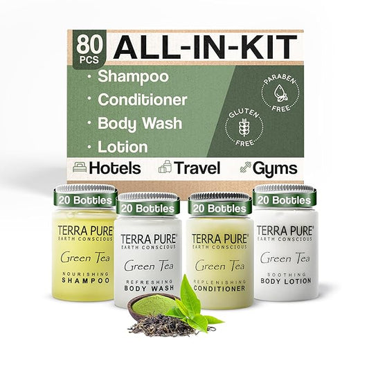 Terra Pure Green Tea Toiletries Set | 1-Shoppe Amenities Kit | 1oz Shampoo & Conditioner, Body Wash, Lotion | Travel Size | 80 Pieces