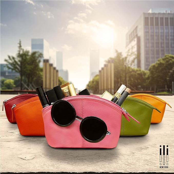 ili New York Genuine Leather Cosmetic Pouch – RFID Blocking, Leather Makeup Bag for Purse with Top Zip Closure & Interior Zip Pocket, Perfect as a Compact and Stylish Travel Cosmetic Bag