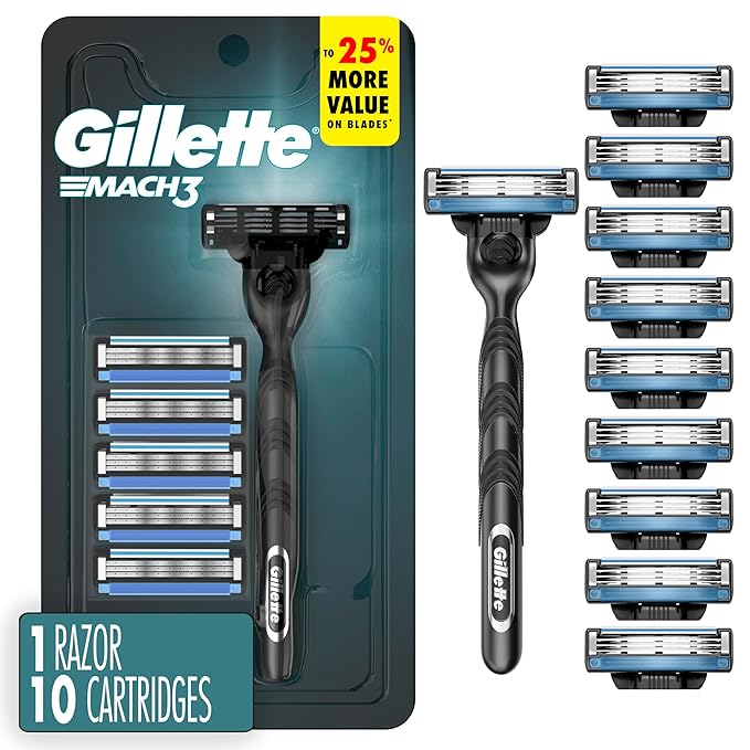 Gillette Mach3 Shaving Razor for Men, 1 Gillette 3-Blade Razor Handle for Men’s Grooming, 10 Razor Blade Refills, Razor Blades with Lubrication Strip