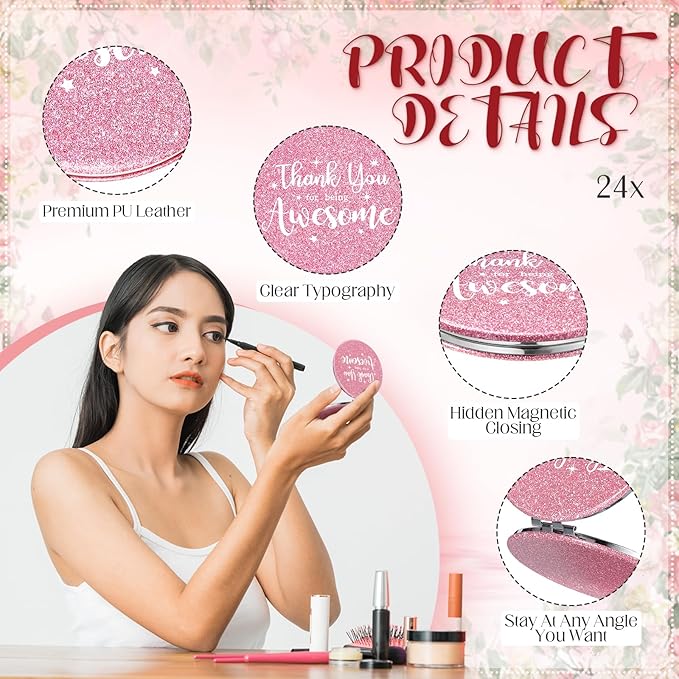 Thyle 24 Pcs Pink Inspirational Compact Mirror Gifts for Women Thank You for Being Awesome Travel Bling Pocket Mirror Bulk Double Sided for Mother's Day Employee Coworker Birthday Female Gifts