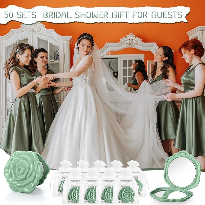 50 Sets Bridal Shower Party Favors for Guests Small Rose Compact Mirror Bulk Wedding Favors Thank You Cards and Organza Bags Wedding Party Guests Souvenir Gift (Green)