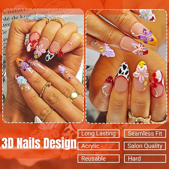 Handmade Acrylic Press On Nails Almond, 3D Press On Nails Medium, Flower 3D Red Nails French Tip Preal Shell Leopard For Women Gift, Reusable Stick On Fake Nails Kit With Nail Glue(Lush Garden-M)