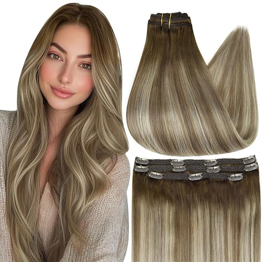 Full Shine Balayage Clip in Hair Extensions Brown Ombre Ash Brown Mix Blonde Real Hair Extensions Clip in Human Hair Double Weft Straight Remy Hair Extension 20 Inch Hairpiece for Women 60 G