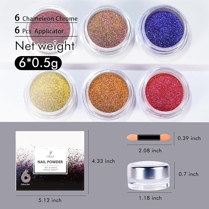 Chrome Nail Powder Iridescent Chameleon Effect Glitter Color Shift Rubbing Pigment Dust Nail Art Decoration, 6 Colors Set 0.5g/Jar